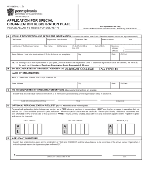 Pennsylvania Special Organization Registration Plate Application