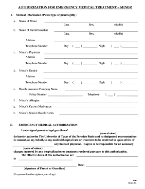 Authorization for Emergency Medical Treatment Minor