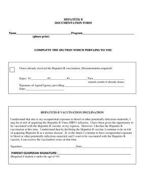 Hepatitis B Vaccination Documentation Form