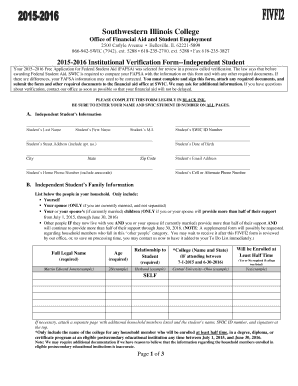 2015-2016 Institutional Verification Form--Independent Student