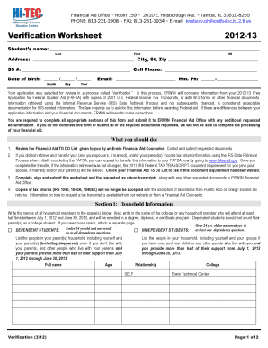 2012-13 Verification Worksheet