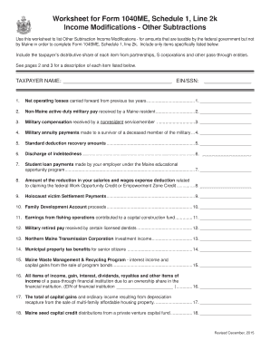 Maine Form 1040ME Schedule 1 Worksheet