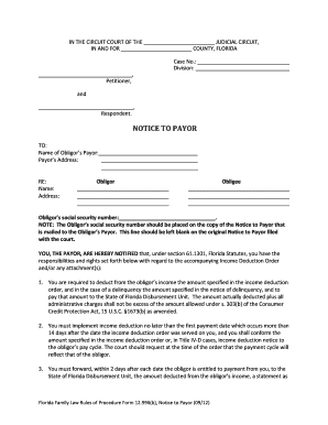 Florida Notice to Payor for Income Deduction Order