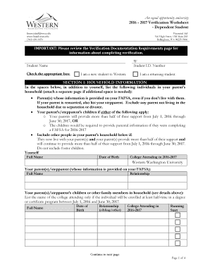 2016-2017 Verification Worksheet - Dependent Student