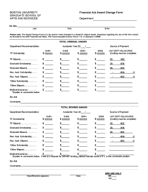 Boston University Financial Aid Award Change Form