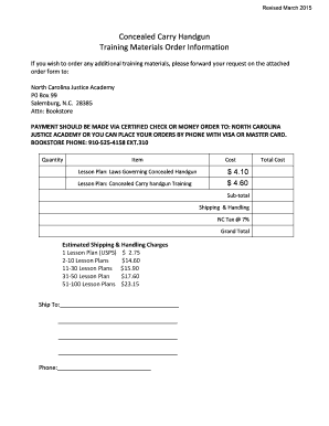 North Carolina Concealed Carry Handgun Training Materials Order Form