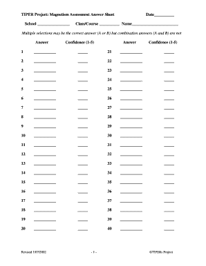 TIPER Project Magnetism Assessment Answer Sheet