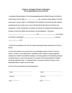 Parental Informed Consent Agreement for Climbing/Rappelling Activities