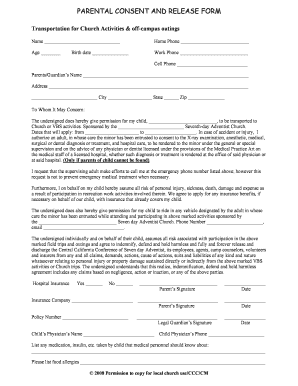 Parental Consent and Release Form for Church Activities