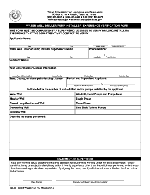 Texas Water Well Driller/Pump Installer Experience Verification Form