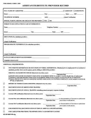 Assistant/Substitute Provider Record Form