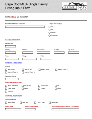 Cape Cod MLS Single Family Listing Input Form