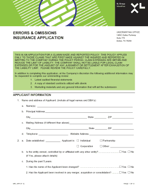 Errors and Omissions Insurance Application