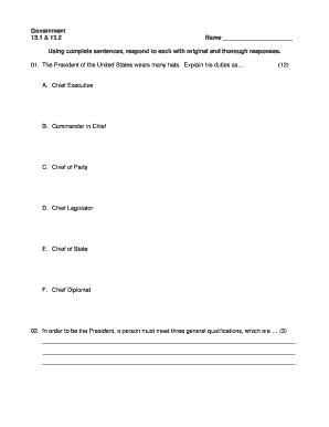 US Government Presidential Duties and Elections Worksheet