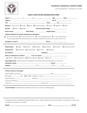 Adult Client Intake Information Sheet