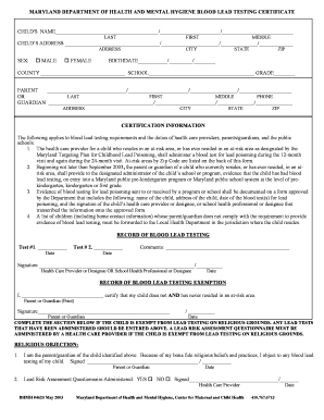 Maryland Blood Lead Testing Certificate