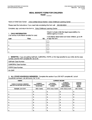 California Child and Adult Care Food Program Meal Benefit Form