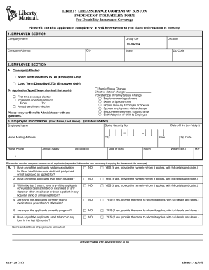 Liberty Life Disability Insurance Evidence of Insurability Form