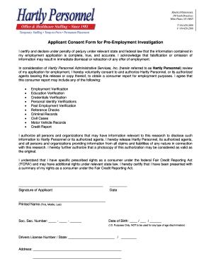 Applicant Consent Form for Pre-Employment Investigation