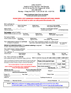 Birth Certificate Order Form for Infants