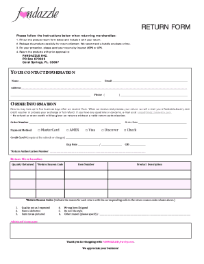 Fandazzle Jewelry Return Form