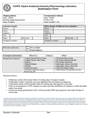 Equine Analytical Chemistry Pharmacology Submission Form