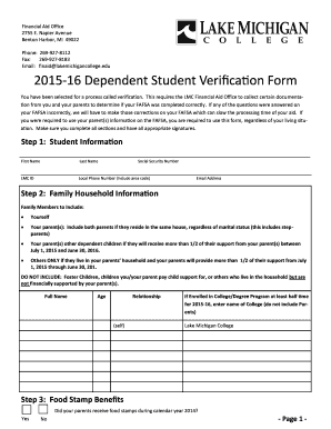 2015-16 Dependent Student Verification Form