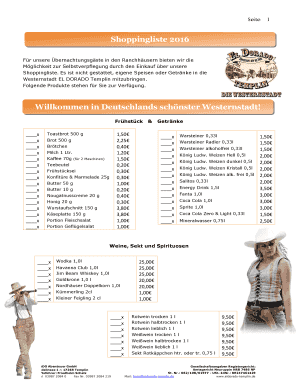 EL DORADO Templin Einkaufsliste 2016