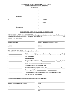Request for Writ of Garnishment of Wages