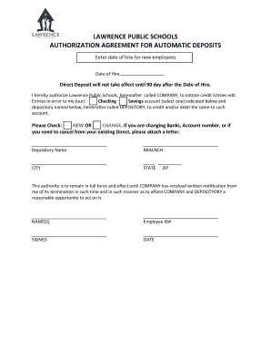 Lawrence Public Schools Direct Deposit Authorization