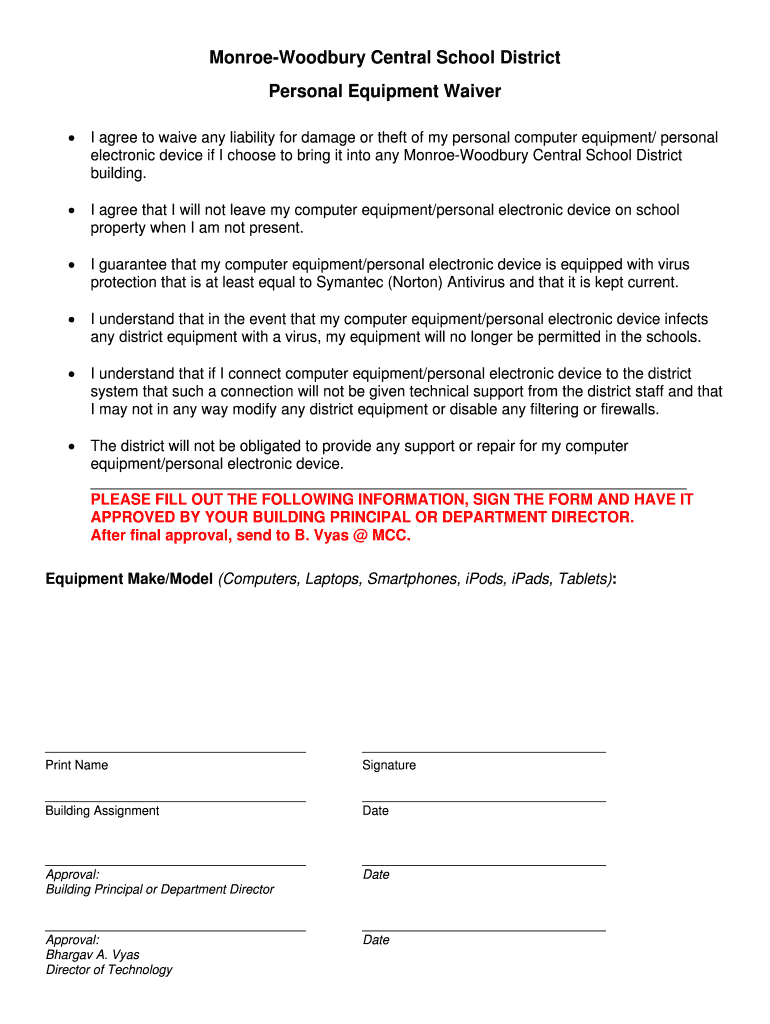 Fillable Online Personal Equipment Waiver Form Fax Email Print pdfFiller