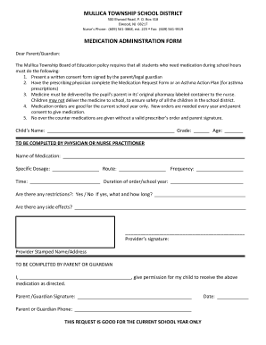 Mullica Township School District Medication Administration Form