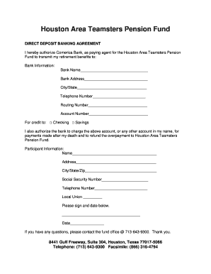 Houston Area Teamsters Pension Fund Direct Deposit Agreement