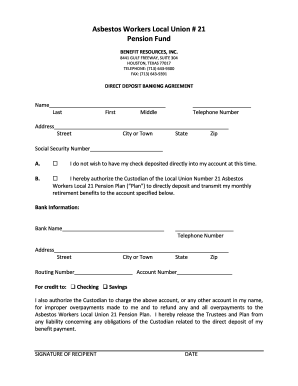 Asbestos Workers Pension Direct Deposit Agreement