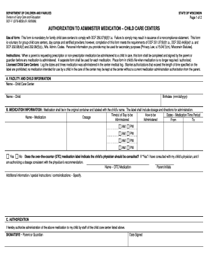 Authorization to Administer Medication - Child Care Centers