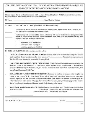 Colliers 401(k) Rollover Certification Form