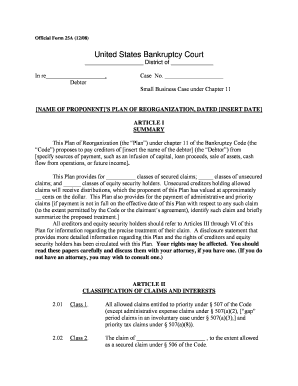 US Bankruptcy Court Chapter 11 Small Business Reorganization Plan