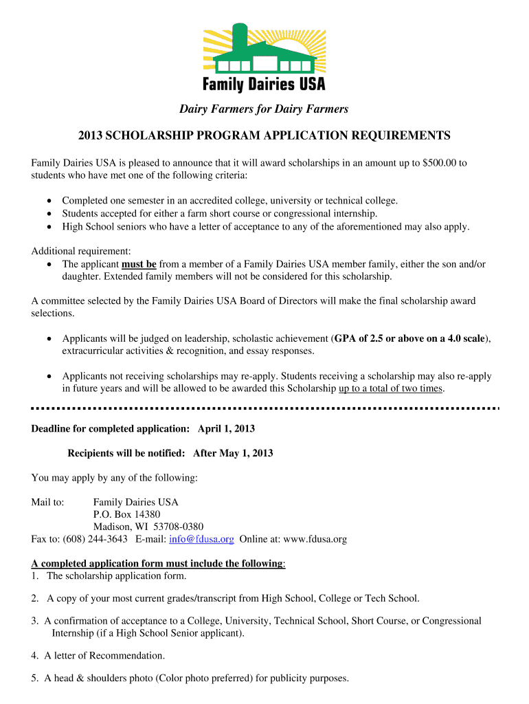 Fillable Online Dairy Farmers for Dairy Farmers 2013 SCHOLARSHIP
