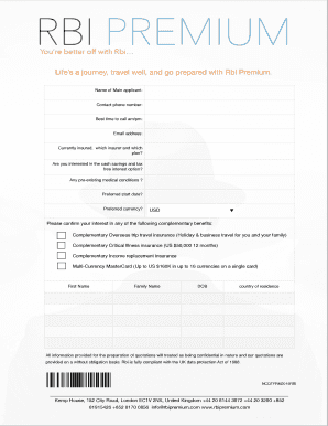 RBI Premium Travel Insurance Application Form