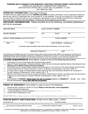 Florida Disabled Resident Hunting/Fishing Permit Application