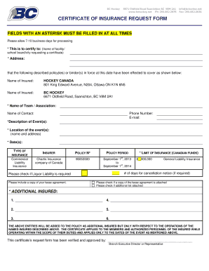 Certificate of Insurance Request Form