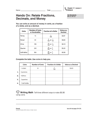 Math Worksheet: Relate Fractions, Decimals, and Money