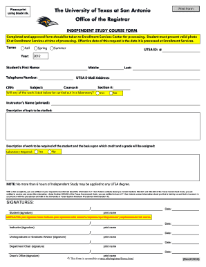 UTSA Independent Study Course Form