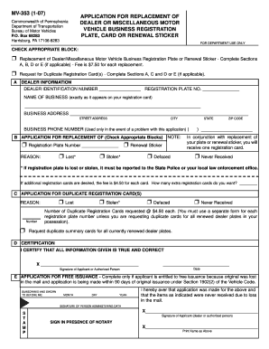 PennDOT - Application for Replacement of Dealer or Miscellaneous Motor Vehicle Business Registration Plate Card or Renewal Sticker