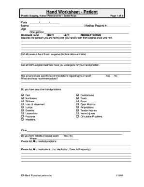 Kaiser Permanente Hand Worksheet