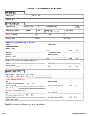 Admission Demographic Worksheet