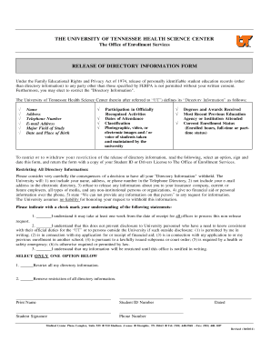University of Tennessee Health Science Center Directory Information Release Form