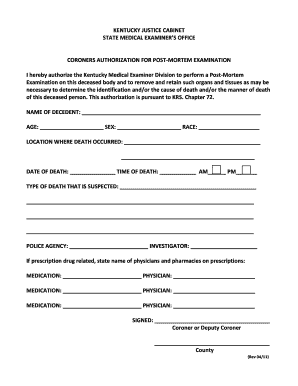 Kentucky Coroner Authorization for Post-Mortem Examination