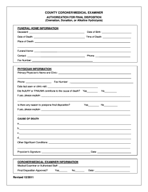 Coroner Authorization for Final Disposition