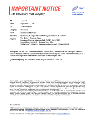 B#: 722210 Date: September 14, 2010 To: All Participants Category: Dividends From: International Services Attention: Operations, Reorg &amp